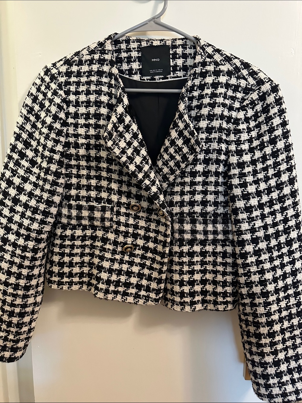 Mango Black & White Houndstooth Cropped Blazer Size M